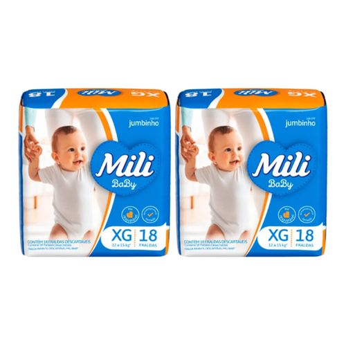 Kit 2 Fraldas Mili Baby Jumbinho (Xg) 18 Unidades cada Kit 2 Fraldas Mili Baby Jumbinho (Xg) 18 Unidades cada