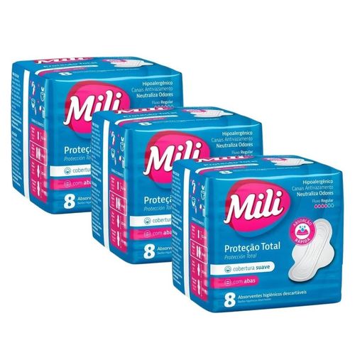 Kit 3x Absorvente Mili Proteção Total Cobertura Suave com Abas c/8 unidades cada
