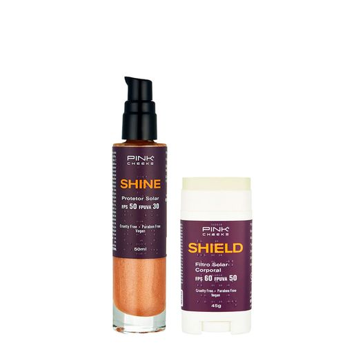 Kit Pink Cheeks - Protetor Solar Corporal com Iluminador Shield Fps 50 Fpuva 30 50ml + Protetor Solar Corporal Shield Fps 60 Fpuva 50 45g Kit Kit Pink Cheeks - Protetor Solar Corporal com Iluminador Shield Fps 50 Fpuva 30 50ml + Protetor Solar Corporal Shield Fps 60 Fpuva 50 45g Kit