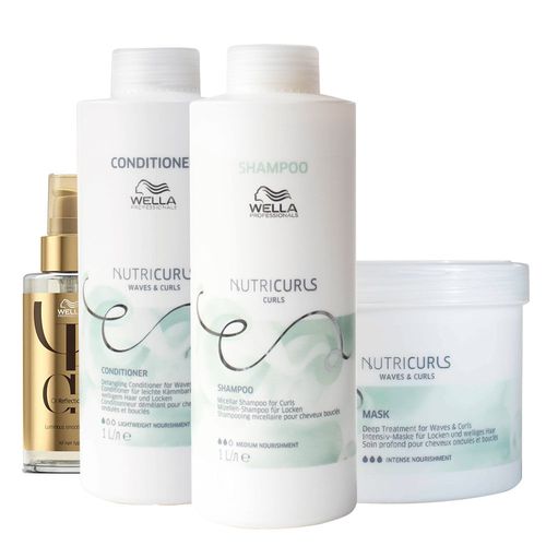 Kit Wella Professionals Nutricurls - Shampoo 1000 ml + Condicionador 1000 ml + Máscara 500 ml + Óleo 100 ml Kit Kit Wella Professionals Nutricurls - Shampoo 1000 ml + Condicionador 1000 ml + Máscara 500 ml + Óleo 100 ml Kit