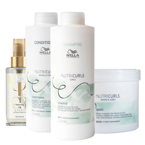 Kit Wella Professionals Nutricurls - Shampoo 1000 ml + Condicionador 1000 ml + Máscara 500 ml + Óleo Light 100 ml Kit Kit Wella Professionals Nutricurls - Shampoo 1000 ml + Condicionador 1000 ml + Máscara 500 ml + Óleo Light 100 ml Kit