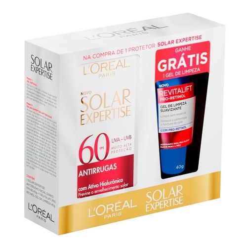 Kit L'Oréal Paris Protetor Solar Expertise FPS60 Antirrugas 40g Com Gel de Limpeza Suavizante Revitalift Pro-Retinol 40g Kit L'Oréal Paris Protetor Solar Expertise FPS60 Antirrugas 40g Com Gel de Limpeza Suavizante Revitalift Pro-Retinol 40g