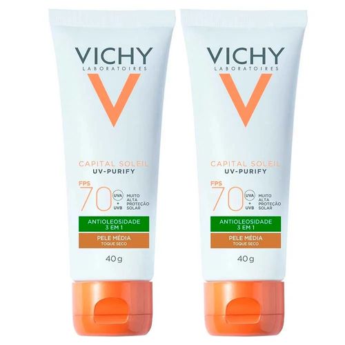 Kit com 2 Unidades de Vichy Capital Soleil Purify Protetor Solar Facial FPS70 Cor Média 40G