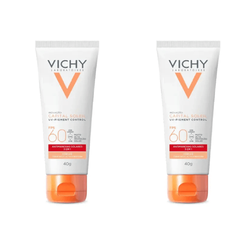 Kit com 2 Unidades de Protetor Solar Facial Vichy FPS60 Capital Soleil UV-Pigment Control Cor 2.0 40g Kit com 2 Unidades de Protetor Solar Facial Vichy FPS60 Capital Soleil UV-Pigment Control Cor 2.0 40g