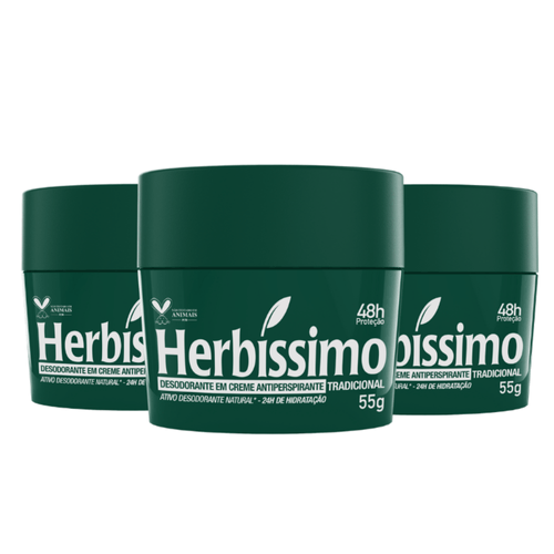 Kit c/3 Unidades de Desodorante Creme Herbissimo 55g Tradicional Kit c/3 Unidades de Desodorante Creme Herbissimo 55g Tradicional