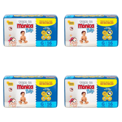 Kit 4 Fraldas Turma da Mônica Jumbinho Tamanho G com 16 Unidades cada Kit 4 Fraldas Turma da Mônica Jumbinho Tamanho G com 16 Unidades cada