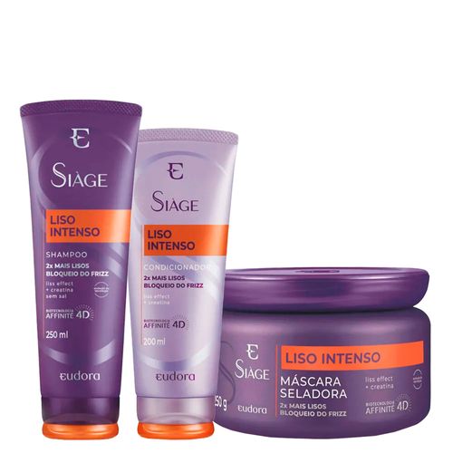Kit Eudora Siàge Liso Intenso 4D - Shampoo 250ml + Condicionador 200ml + Máscara Antifrizz 4D 250g Kit Kit Eudora Siàge Liso Intenso 4D - Shampoo 250ml + Condicionador 200ml + Máscara Antifrizz 4D 250g Kit