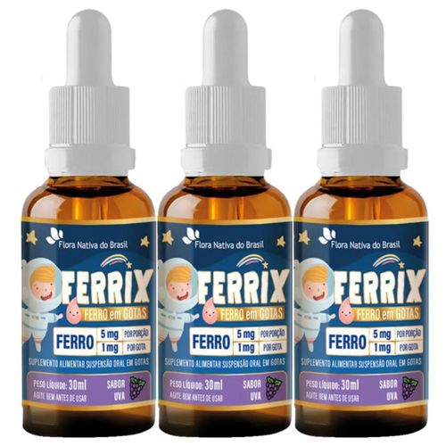 Ferro Em Gotas Ferrix Kids 3 X 30ml Flora Nativa Sabor Uva