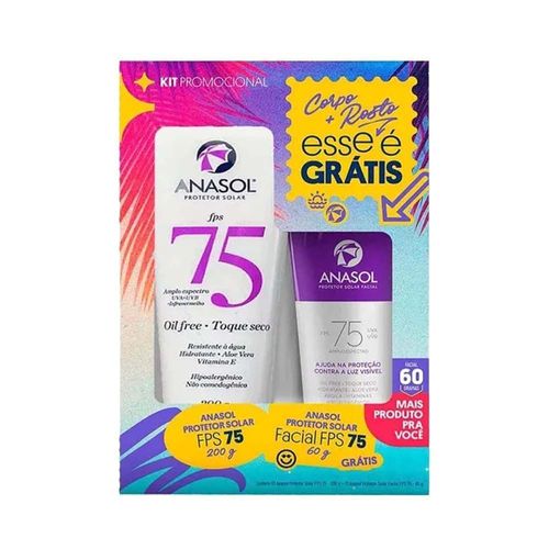 Kit Anasol Protetor Solar FPS 75 200g + Protetor Solar Facial FPS 75 60g 200g Toque Seco Translucido Kit Anasol Protetor Solar FPS 75 200g + Protetor Solar Facial FPS 75 60g 200g Toque Seco Translucido
