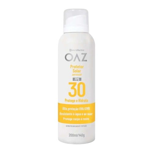 Protetor Solar Aerosol OAZ FPS 30 Eurofarma 200ml 200ml Toque seco translucido Protetor Solar Aerosol OAZ FPS 30 Eurofarma 200ml 200ml Toque seco translucido
