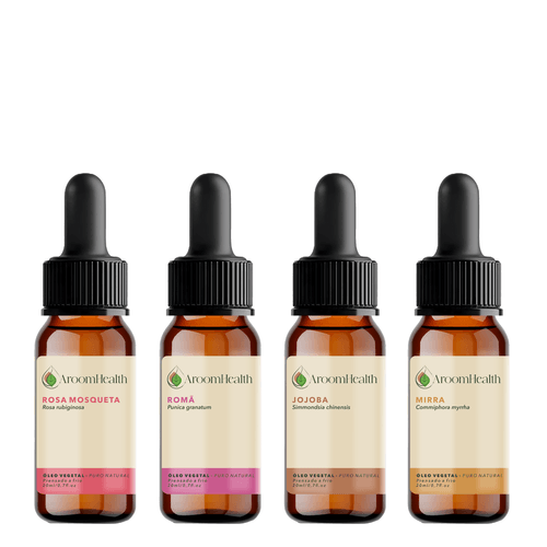 Kit de óleos vegetais puro natural – Rosa Mosqueta , Mirra, Jojoba e Romã – 20 ml cada