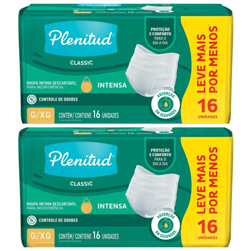 Kit com 2 Unidades de Roupas Íntimas Descartáveis Plenitud Classic Tamanho G/XG com 16 Unidades cada Kit com 2 Unidades de Roupas Íntimas Descartáveis Plenitud Classic Tamanho G/XG com 16 Unidades cada