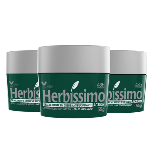 Kit c/3 Unidades de Desodorante Creme Herbissimo 55g Action Kit c/3 Unidades de Desodorante Creme Herbissimo 55g Action