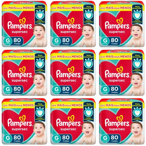 Kit 9 Fraldas Supersec Jumbo ”G” Pampers Simples c/ 80 Unidades cada Kit 9 Fraldas Supersec Jumbo ”G” Pampers Simples c/ 80 Unidades cada
