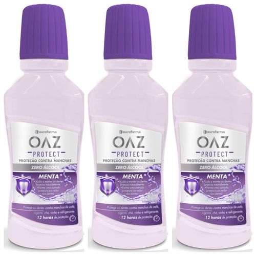 Kit com 3 Unidades de Enxaguante Bucal OAZ Menta Contra Manchas 250ml