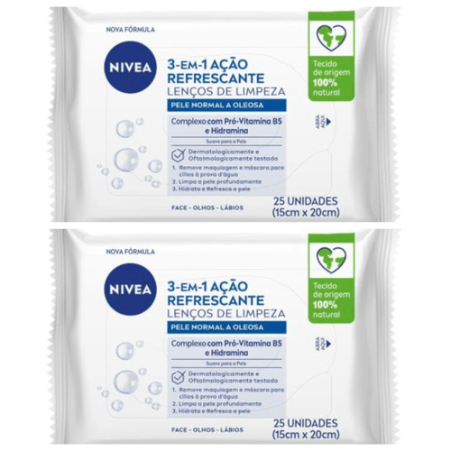 Kit com 2 Unidades de Nivea 3 Em 1 Ação Refrescante Lenço Demaquilante 25 Unidades