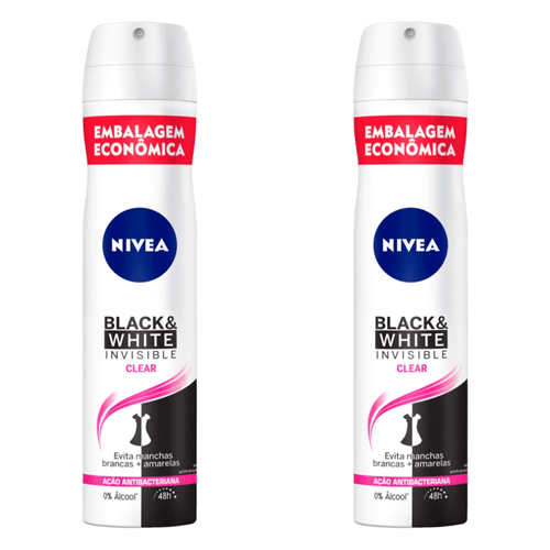 Kit com 2 Unidades de Desodorante Aerosol Nivea Black & White 200 Ml Invisible Clear