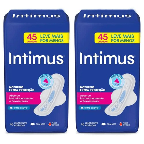 Kit com 2 Unidades de Absorvente Intimus Noturno Extra Proteção Cobertura Suave Com Abas 45 unidades Kit com 2 Unidades de Absorvente Intimus Noturno Extra Proteção Cobertura Suave Com Abas 45 unidades