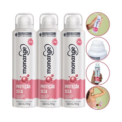 Kit 3 Desodorantes Aerosol Proteção Seca 48h Monange 150ml Kit 3 Desodorantes Aerosol Proteção Seca 48h Monange 150ml