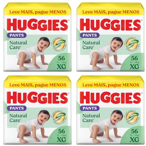 Kit com 4 Unidades de Fralda Huggies Natural Care Roupinha XG 56 unidades cada Kit com 4 Unidades de Fralda Huggies Natural Care Roupinha XG 56 unidades cada