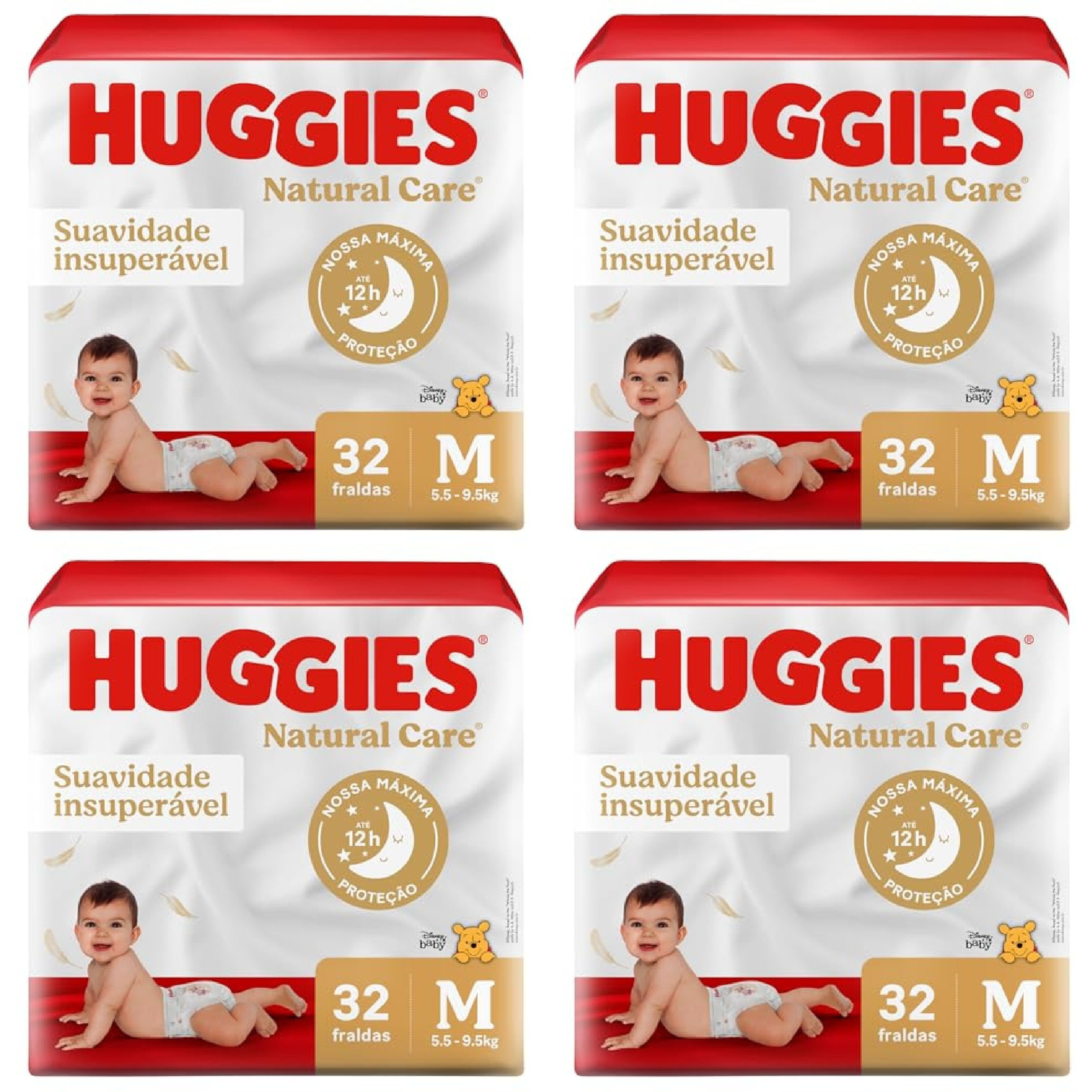 Kit com 4 Unidades de Fralda Huggies Natural Care M 32 Unidades cada