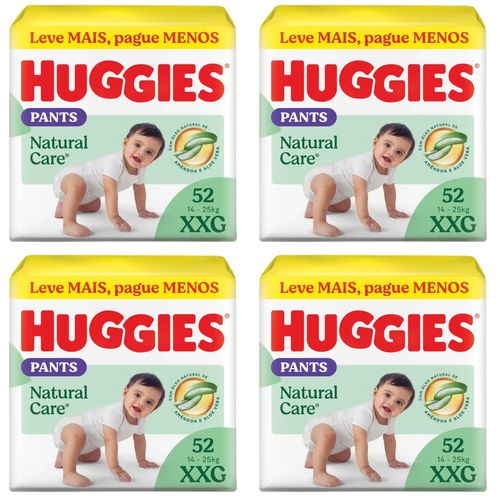 Kit com 4 Unidades de Fralda Huggies Natural Care Roupinha XXG 52 Unidades cada Kit com 4 Unidades de Fralda Huggies Natural Care Roupinha XXG 52 Unidades cada