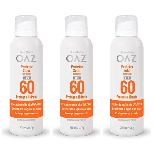 Kit com 3 Unidades de Protetor Solar Aerossol Oaz FPS 60 200ml Kit com 3 Unidades de Protetor Solar Aerossol Oaz FPS 60 200ml