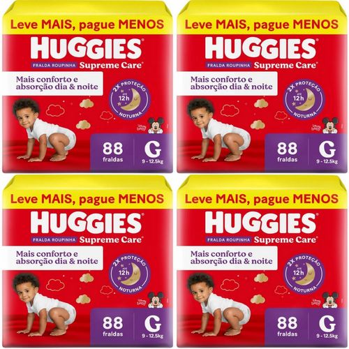 Kit com 4 Unidades de Fralda Descartável Infantil Huggies Supreme Care Roupinha G 88 Unidades cada
