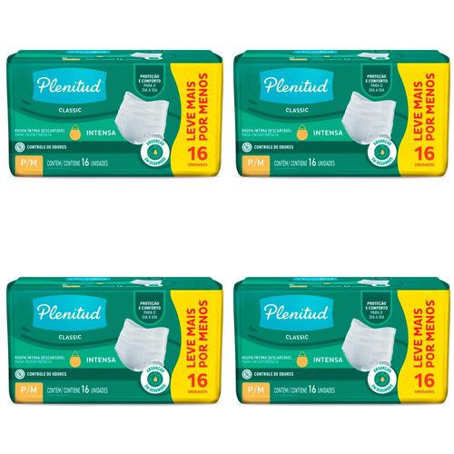 Kit com 4 Unidades de Roupas Íntimas Descartáveis Plenitud Classic Unissex P/M Absorção Intensa com 16 Unidades cada Kit com 4 Unidades de Roupas Íntimas Descartáveis Plenitud Classic Unissex P/M Absorção Intensa com 16 Unidades cada