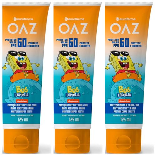 Kit com 3 Unidades de Protetor Solar Infantil Oaz Fps60 Bob Esponja 125Ml