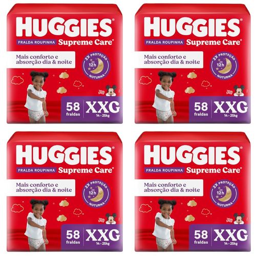 Kit com 4 Unidades de Fralda Descartável Infantil Huggies Supreme Care Pants XXG Pacote 58 Unidades cada
