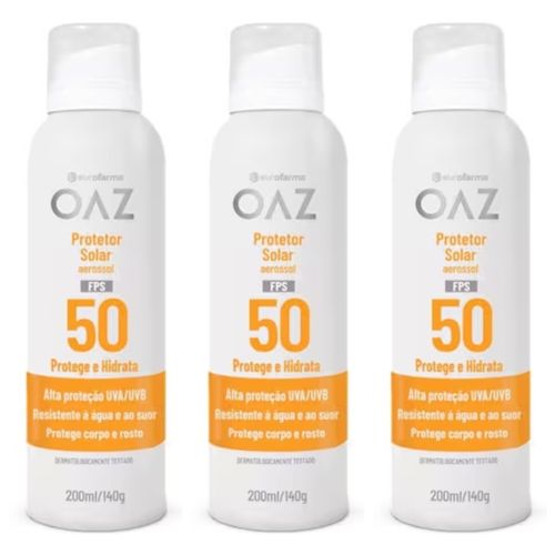Kit com 3 Unidades de OAZ Protetor Solar Aerosol FPS 50 200ml Kit com 3 Unidades de OAZ Protetor Solar Aerosol FPS 50 200ml