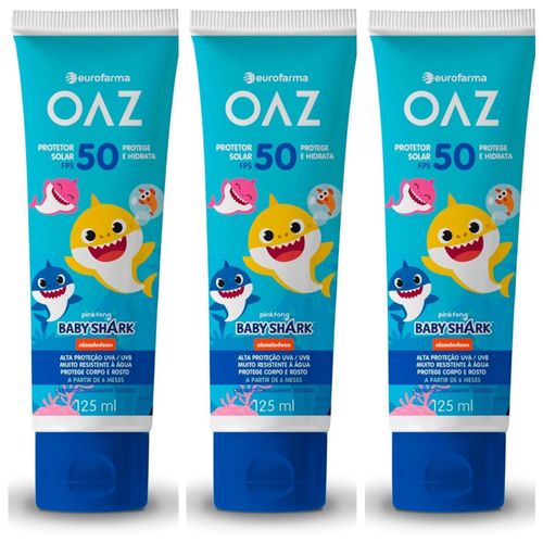 Kit com 3 Unidades de Protetor Solar Oaz FPS50 125ml Baby Shark Kit com 3 Unidades de Protetor Solar Oaz FPS50 125ml Baby Shark