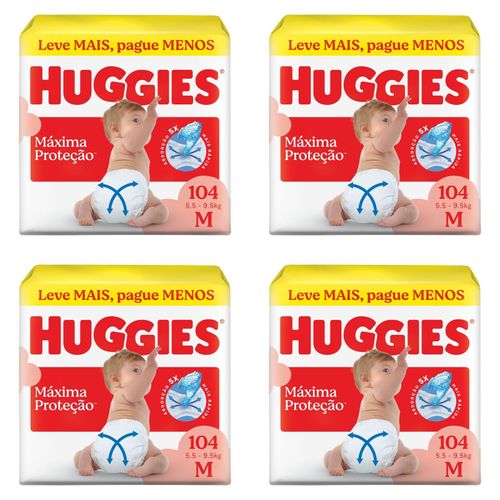 Kit com 4 Unidades de Huggies Fralda Descartável Máxima Proteção M 104 Unidades cada