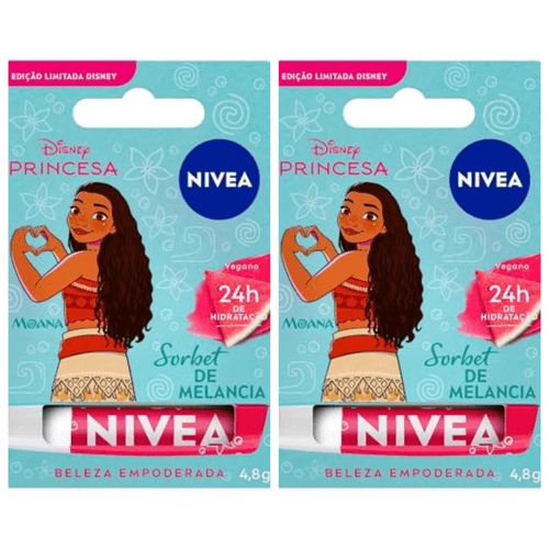 Kit com 2 Unidades de Hidratante Labial Nivea Sorbet De Melancia Moana Disney Princesa 4,8g