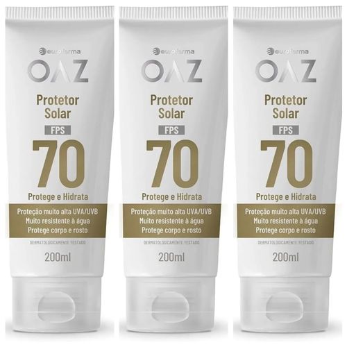 Kit com 3 Unidades de Oaz Protetor Solar para Corpo E Rosto 70fps 200ml Eurofarma Kit com 3 Unidades de Oaz Protetor Solar para Corpo E Rosto 70fps 200ml Eurofarma