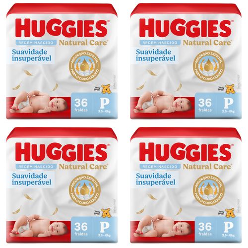 Kit com 4 Unidades de Fralda Descartável Natural Care Recém Nascido P Huggies Pacote com 36 Unidades