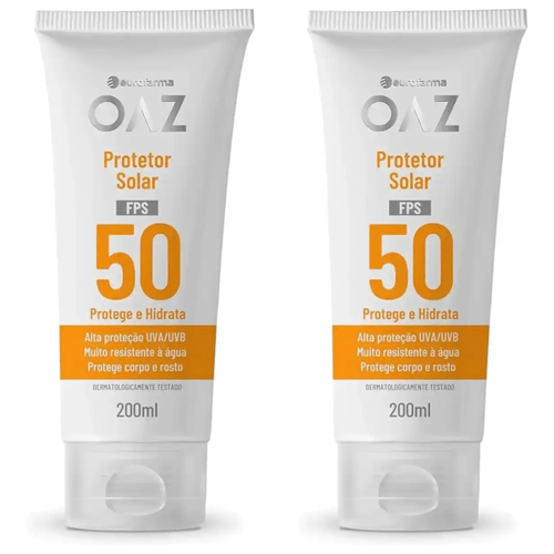 Kit com 2 Unidades de Oaz Protetor Solar Corpo E Rosto 50fps 200ml Kit com 2 Unidades de Oaz Protetor Solar Corpo E Rosto 50fps 200ml
