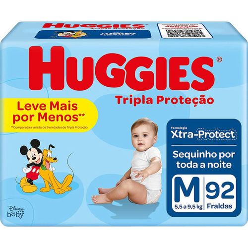 Kit com 3 Unidades de Fralda Infantil Huggies Tripla Proteção M Pacote 92 Unidades Kit com 3 Unidades de Fralda Infantil Huggies Tripla Proteção M Pacote 92 Unidades
