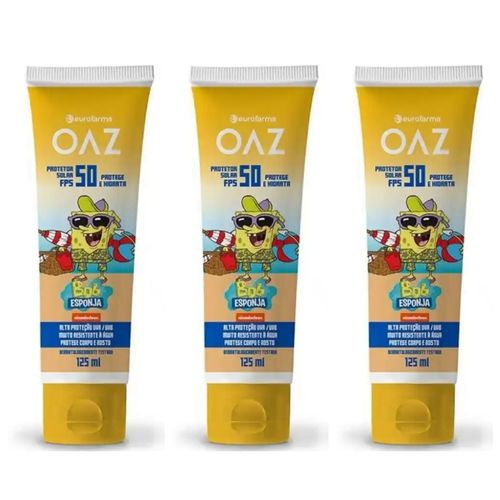 Kit com 3 Unidades de Oaz Protetor Solar Bob Esponja Corpo E Rosto 50fps 125ml