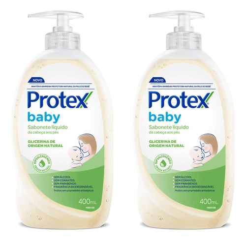 Kit com 2 Unidades de Sabonete Líquido da Cabeça aos Pés Glicerina Protex Baby Frasco 400ml Kit com 2 Unidades de Sabonete Líquido da Cabeça aos Pés Glicerina Protex Baby Frasco 400ml