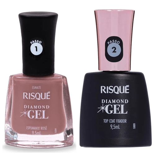 Kit Esmalte Risque Diamond Gel Espumante Rose + Fixador Top Coat