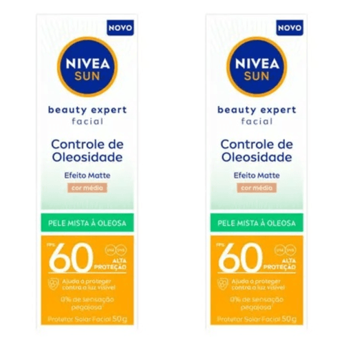 Kit com 2 Unidades de Protetor Solar NIVEA SUN Facial Beauty Expert Controle de Oleosidade Com Cor Média FPS 60 50g