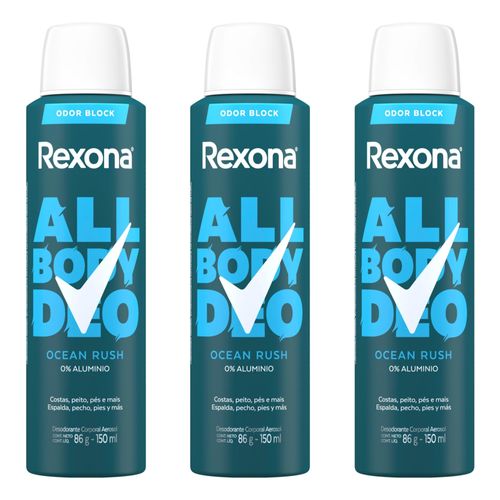 Kit com 3 Unidades de Desodorante Aerossol Rexona All Body Deo Ocean Rush 150ml