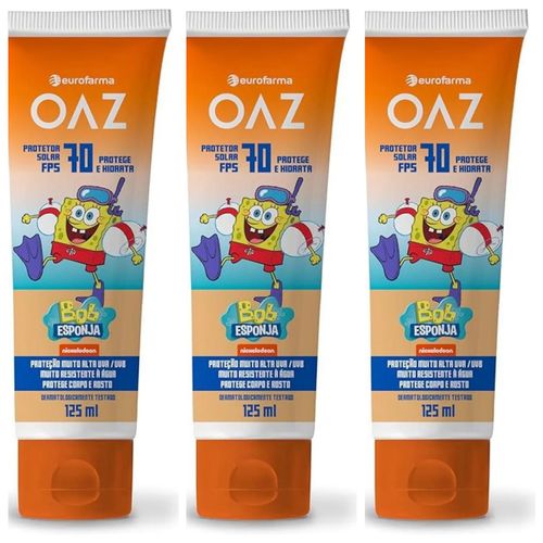 Kit com 3 Unidades de Protetor Solar Infantil Oaz FPS70 Bob Esponja 125ml