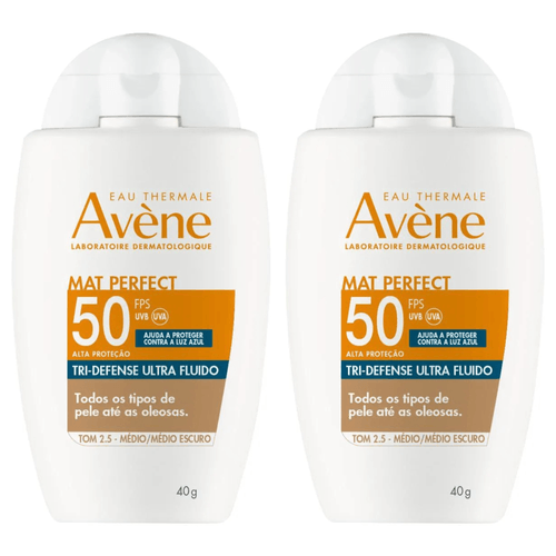 Kit com 2 Unidades de Protetor Solar Facial Avène Mat Perfect Tri-Defense Ultra Fluido FPS50 Tom 2.5 Médio 40g Kit com 2 Unidades de Protetor Solar Facial Avène Mat Perfect Tri-Defense Ultra Fluido FPS50 Tom 2.5 Médio 40g