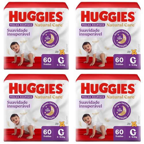 Kit com 4 Unidades de Fralda Huggies Natural Care Roupinha G 60 unidades cada Kit com 4 Unidades de Fralda Huggies Natural Care Roupinha G 60 unidades cada