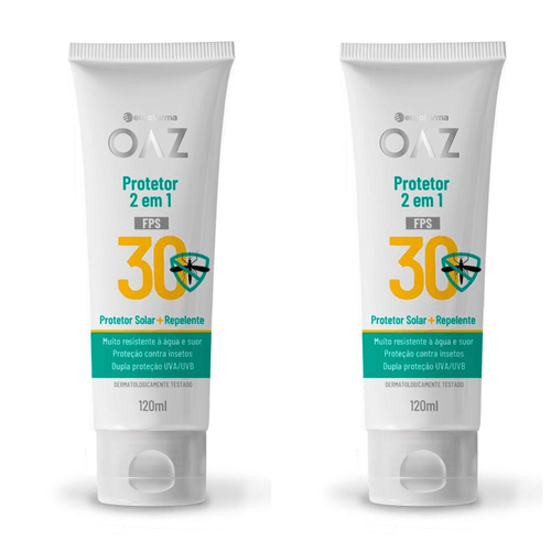 Kit com 2 Unidades de Protetor Solar 2 Em 1 Oaz Fps30 Repelente Com 120ml Kit com 2 Unidades de Protetor Solar 2 Em 1 Oaz Fps30 Repelente Com 120ml