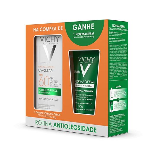 Kit Vichy Protetor Solar Capital Soleil UV- Clear Sem Cor FPS60 40g + Gel de Limpeza Profunda Normaderm 50g