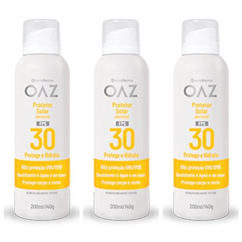 Kit com 3 Unidades de Protetor Solar Oaz Aerossol Adulto Fps30 Com 200Ml Eurofarma Kit com 3 Unidades de Protetor Solar Oaz Aerossol Adulto Fps30 Com 200Ml Eurofarma